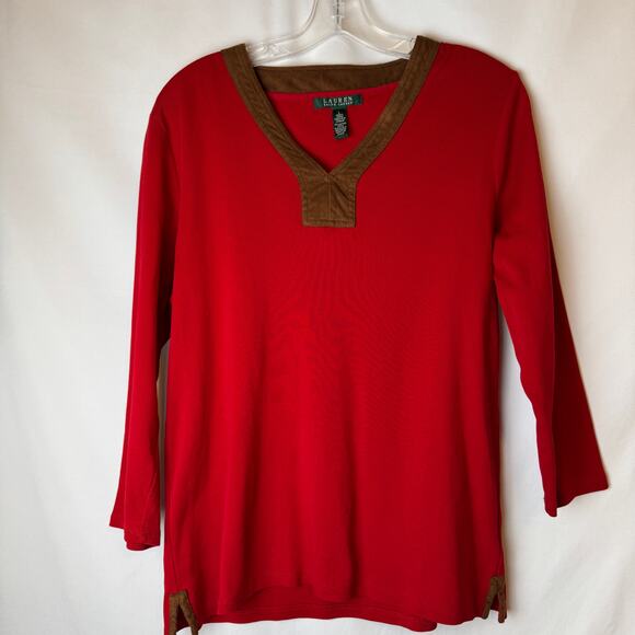 Lauren Ralph Lauren Red V Neck Top with Faux Suede Trim Size Large - Picture 2 of 7